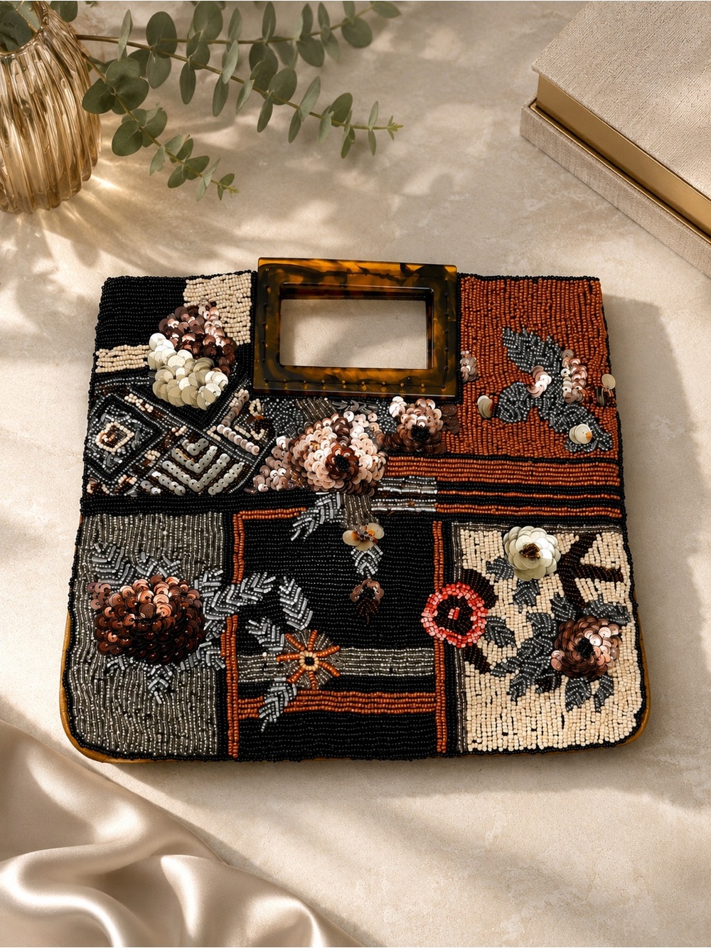Anthropologie Black & Rust Beaded Floral Patchwork Clutch - Picture 2 of 12